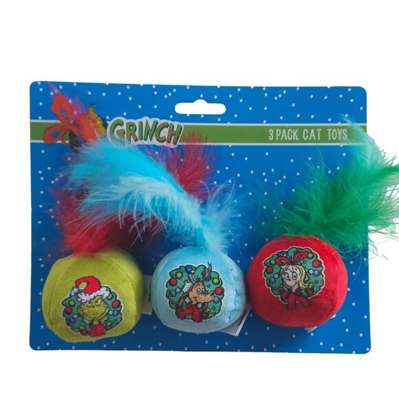 Dr. Seuss's The Grinch 3-Pack Cat Toys With Feathers Pet Animal Christmas - Picture 2 of 7